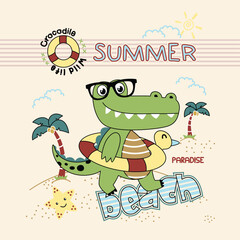 Adorable crocodile vector ready to swim at the beach with a colorful buoy.