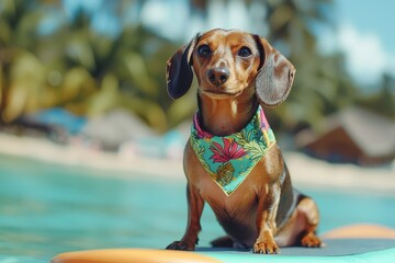Playful Dachshund Wearing Tropical Bandana on Paddleboard Near Beautiful Beach Setting