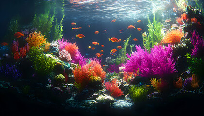 Vibrant underwater scene showcasing colorful coral reef and fish. Ideal for marine life, nature, aquarium, and ocean themed projects.