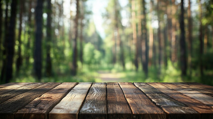 Blurred boreal forest background with rustic wooden table for product display.
