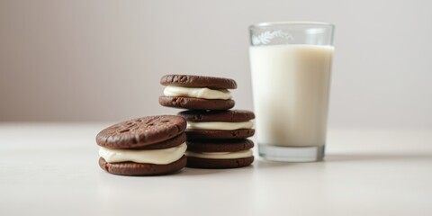Delicious chocolate sandwich cookies with creamy filling and a glass of milk