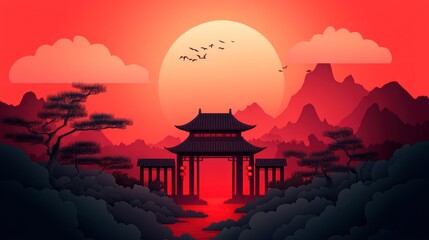 Obraz premium Red sunset over Asian landscape with gate.