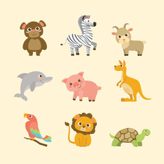 Cute Adorable Animals Cartoon Illustration Set