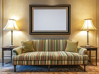 Elegant Striped Sofa With Lamps and Framed Artwork
