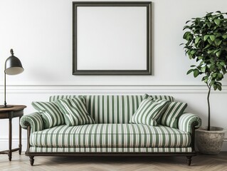Elegant Green Striped Sofa with Frame and Plant