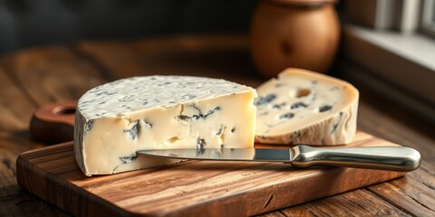 Artisan blue cheese wheel on a wooden board with a butter knife