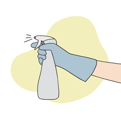 Hand gesture illustration of spraying with a sprayer while wearing rubber gloves. Hand drawn vector elements.