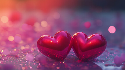 Obraz premium Romantic Red Hearts on Glittery Background with Warm Glow 