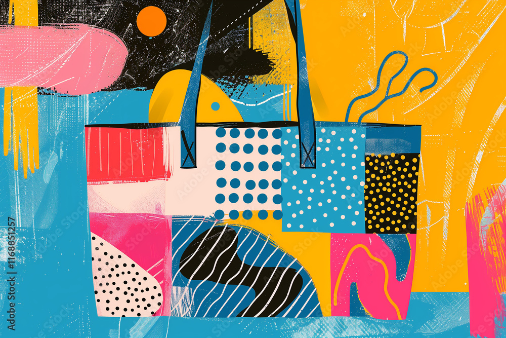Poster tote bag with bold, abstract patterns and a pop of bright color.