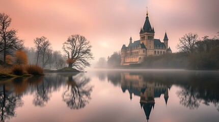 Fototapeta premium Castle in a mystical mood reflected in the lake