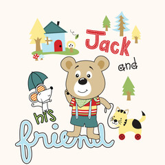 Cute bear vector playing joyfully with good friends in a fun and friendly scene
