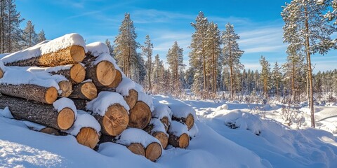 A pile of felled trees in the snow with a forest in the background
