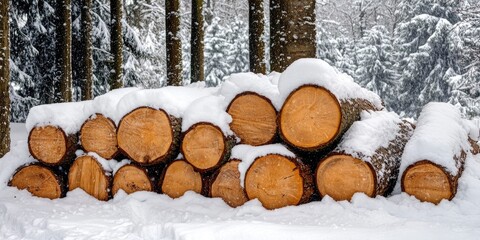 A pile of felled trees in the snow with a forest in the background