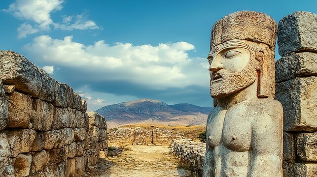 The giant statues of gods at Hattusa, the ruins of ancient Hittite capital. Beautiful landscape with mountains at background