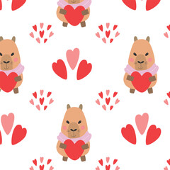 Capybara with heart seamless pattern. Wrapping, packaging in flat style. Red and pink. Suitable for gift wrap or greeting card for Valentines day.