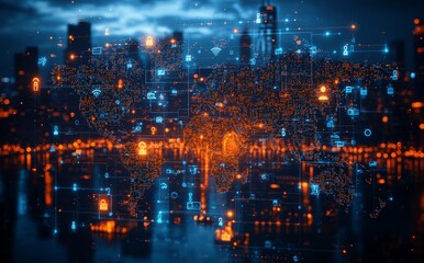 Obraz premium New York City at night, with an earth globe and social network icons, surrounded by lines and circuitry