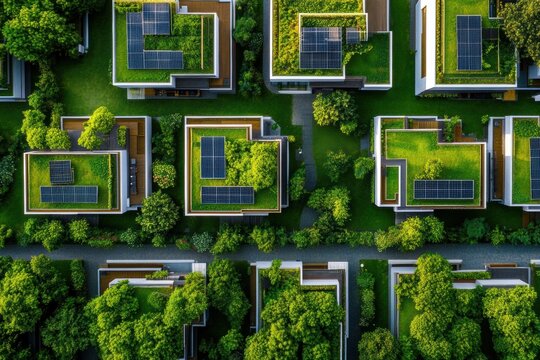 Aerial View Green Roofs Solar Panels Sustainable Buildings Urban Garden Eco-friendly Architecture Environmental Protection Concept