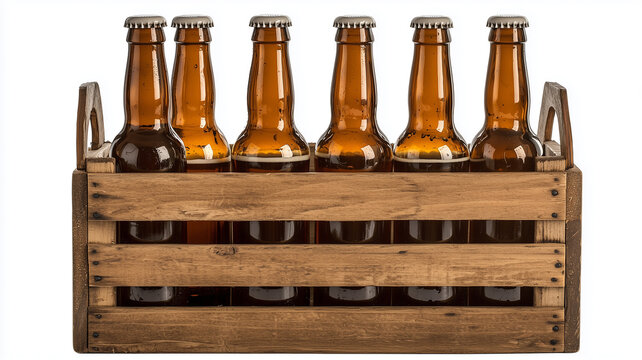 Antique wooden beer carrier with swing top bottles on white.
