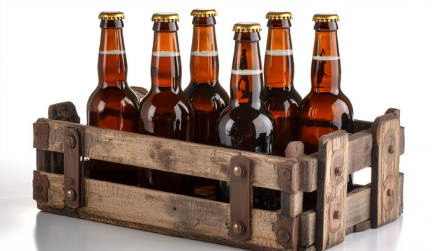 Antique wooden beer carrier with swing top bottles on white.
