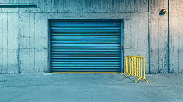 Steel roller door for warehouse security with granite wall background.
