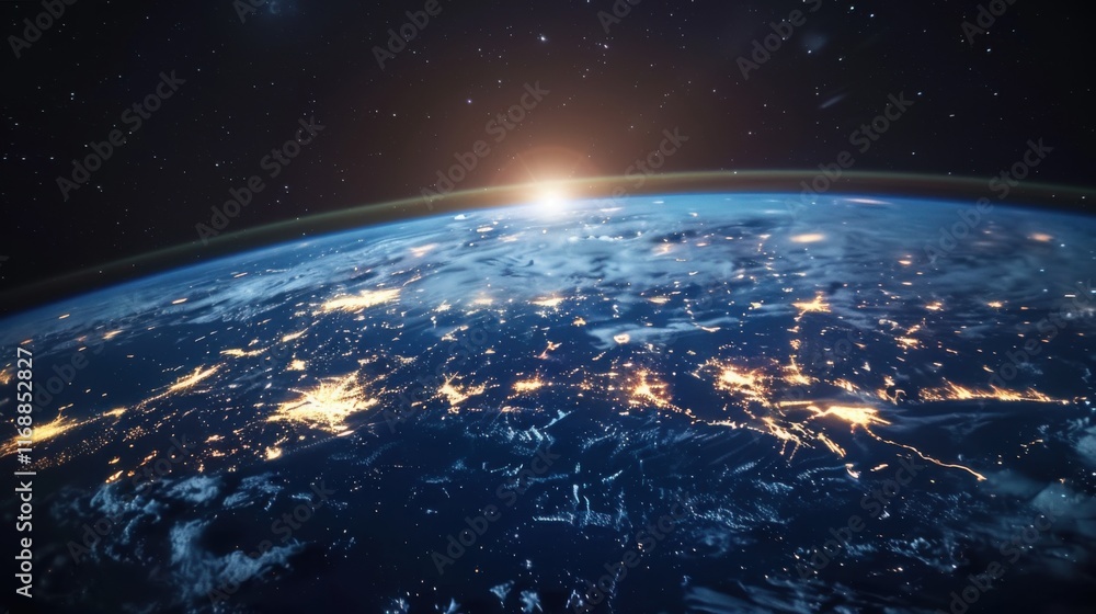 Poster earth view from space. global network. blockchain technology. planet and communication. future world