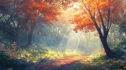 Vibrant Autumn Forest with Soft Fog and Sunlight