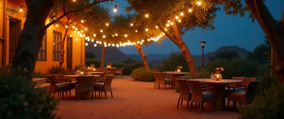 A patio with tables and chairs lit up with lights