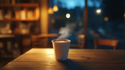 a steaming cup of decaf coffee in a classic white paper cup, angled to clearly show the coffee inside. It is placed on a rustic wooden café table