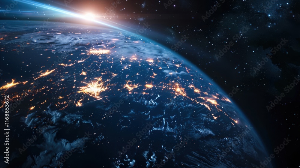 Poster earth view from space. global network. blockchain technology. planet and communication. future world