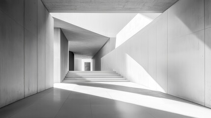 Fototapeta premium A long, narrow hallway with a white wall and a white floor