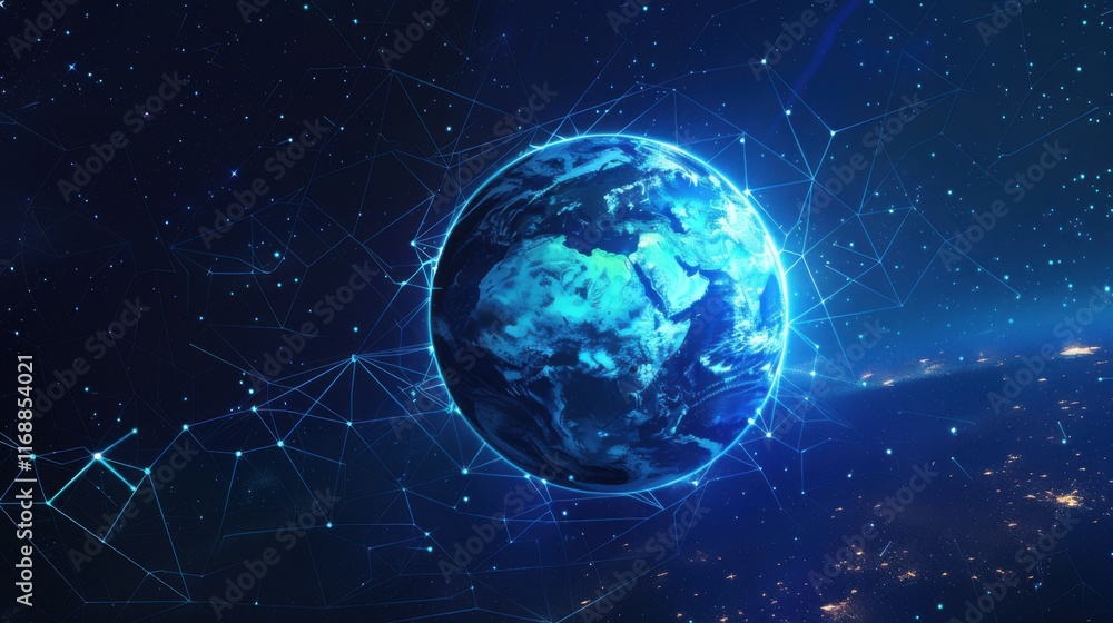 Poster earth view from space and satellite from lines, triangles and particle style design. illustration ve