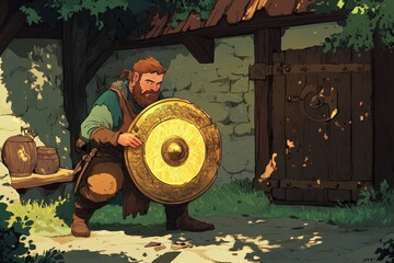 A warrior examines a glowing ornate shield outdoors