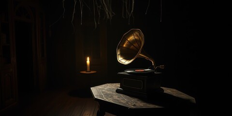 A vintage gramophone sits on a dark wooden table, illuminated by a single candle's soft glow in a dimly lit room.