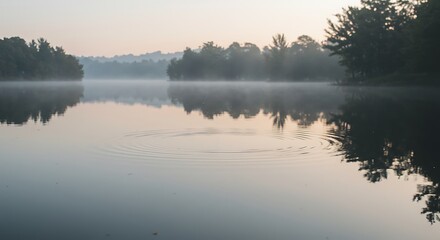 Fototapeta premium Foggy Lake at Dawn with Reflections and Trees