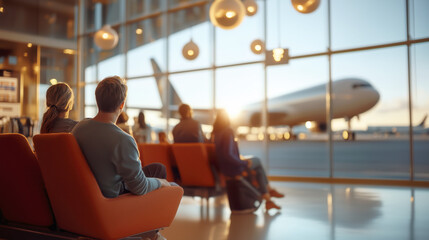 Passengers waiting at an airport with a view of departing plane