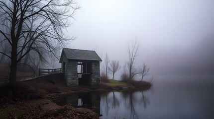 Abandoned old house in a melancholic mood by the lake