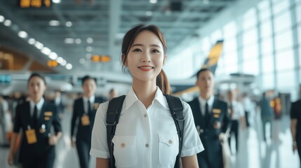 Fototapeta premium Confident female pilot at bustling airport terminal