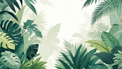 Fototapeta premium A lush, vibrant jungle background filled with dense foliage, towering trees, and tropical plants. The scene is rich with various shades of green, from deep emerald and olive tones to bright lime 