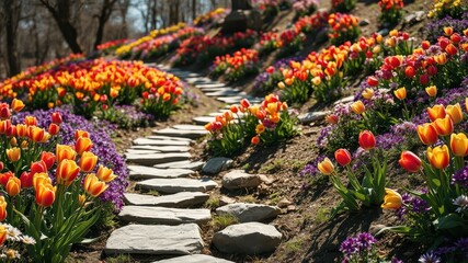 A sunlit stone path meanders through a vibrant hillside garden bursting with colorful tulips and wildflowers