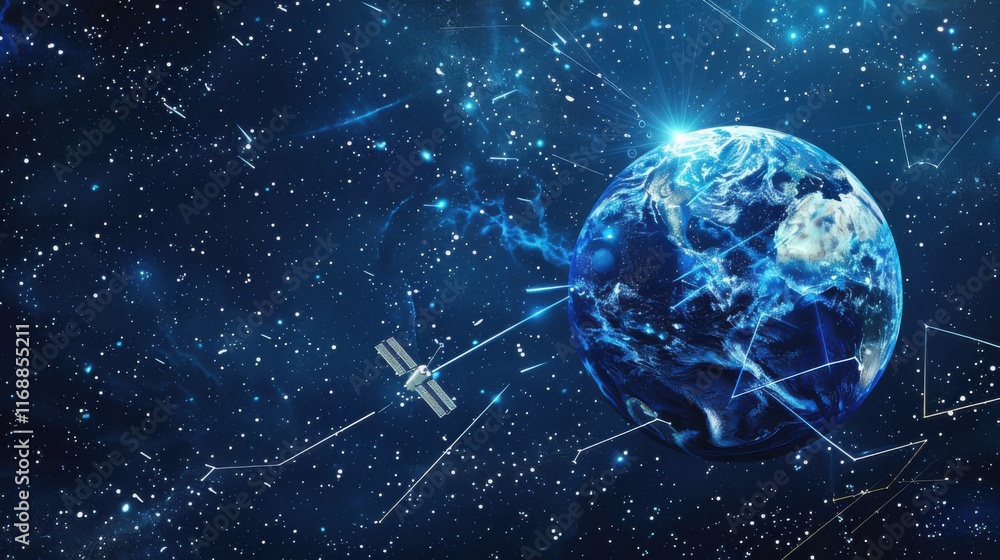 Poster earth view from space and satellite from lines, triangles and particle style design. illustration ve