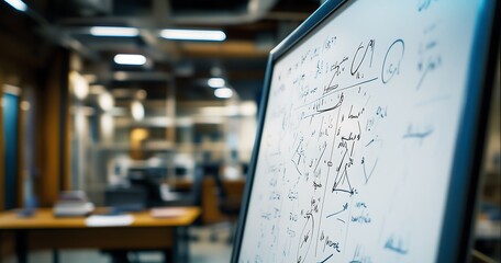 Idea Evolution: A whiteboard is covered with intricate mathematical equations in an office environment, highlighting the complex problem-solving and creative thinking.
