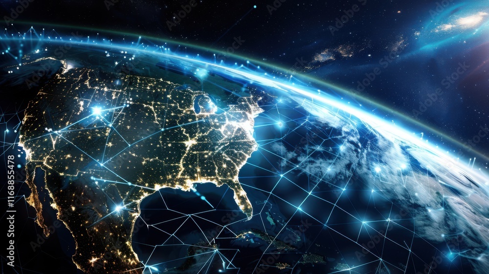 Poster earth world usa from space with a communications grid and hexagone point overlay.