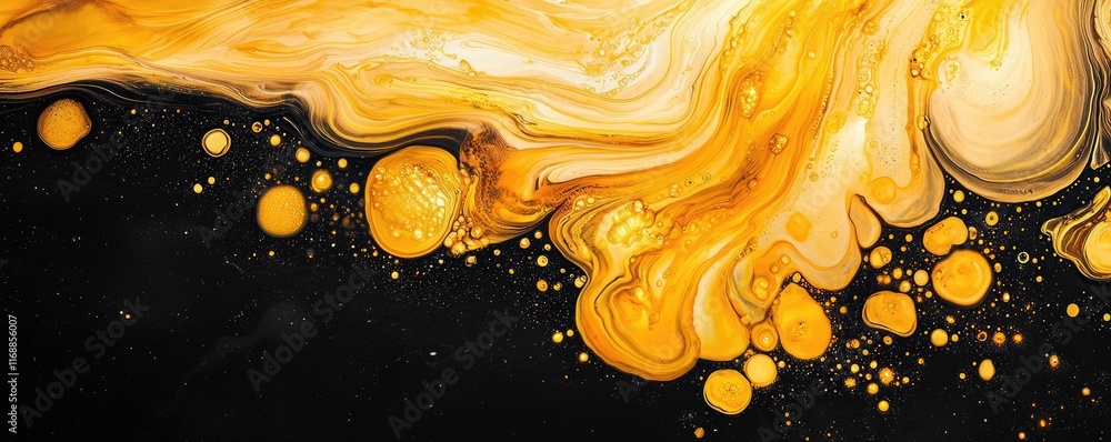 Poster ink abstract background idea. vibrant yellow liquid art with swirling patterns and bubbles against a