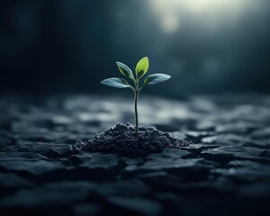 A resilient seedling emerges from dark soil, symbolizing hope and renewal.