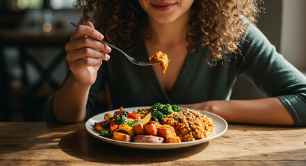 Woman Eating Healthy Plant Based Meal with Vegetables and Sweet Potato