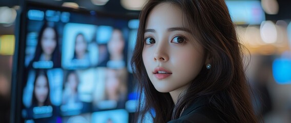 A woman participates in a remote work meeting with a diverse group of colleagues on a screen