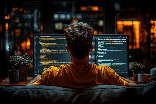 Young programmer typing new code on laptop late at night, sitting on sofa at home, working overtime on new app. This captures the theme of overwork and remote work concept