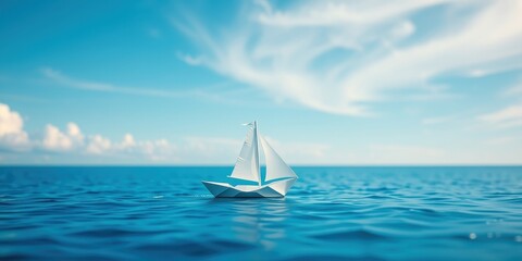 Obraz premium A tiny paper sailboat floats serenely on a calm ocean under a bright, sunny sky