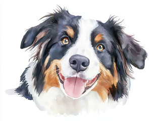 Fototapeta premium Watercolor painting of Australian Shepherd dog with happy expression