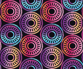Seamless minimal iridescent neon ikat circles vector pattern